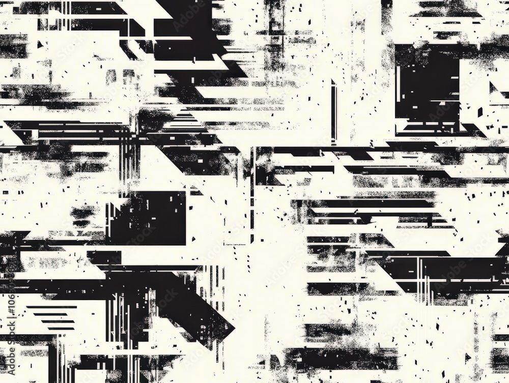 Obraz premium A minimalist glitch-effect seamless pattern with fragmented geometric shapes in monochrome tones