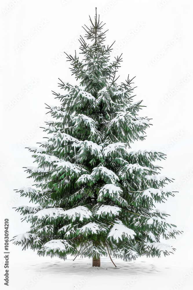 Tall snow-covered Christmas tree isolated on a white background, showcasing dense frosty branches and a serene winter vibe. Tall snow-covered Christmas tree isolated on a white background, showcasing dense frosty branches and a serene winter vibe.