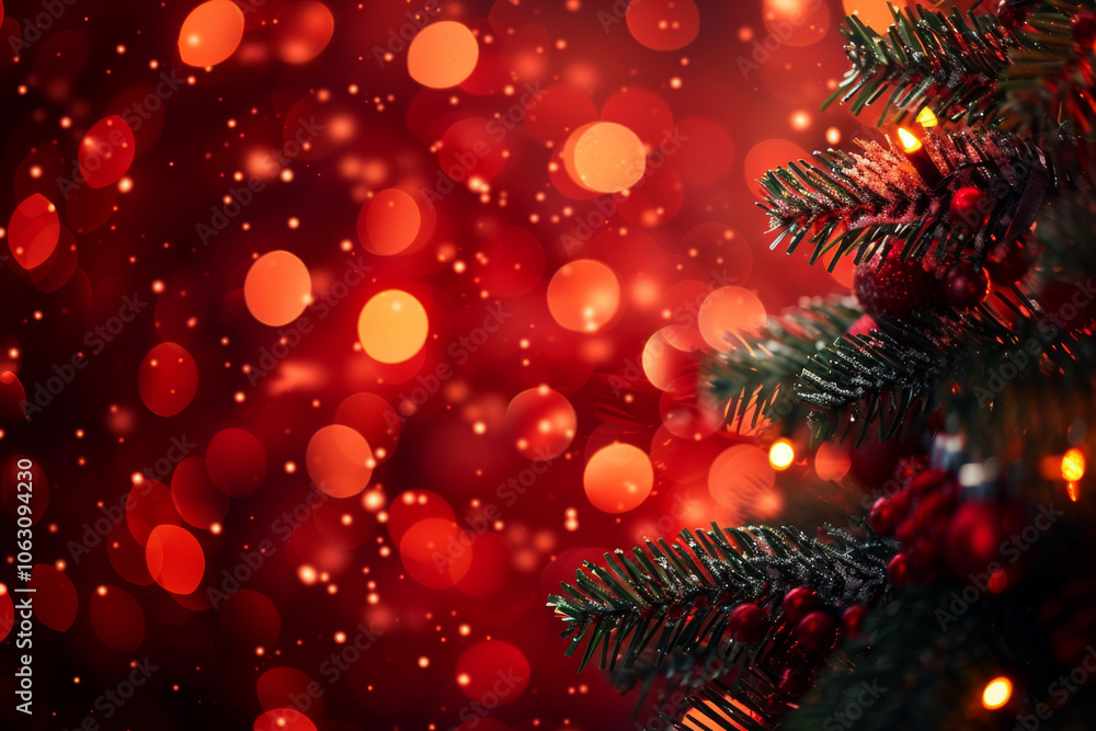 Festive red Christmas ornaments hanging amidst green fir branches, highlighted by glowing, soft-focus lights in the background. Festive red Christmas ornaments hanging amidst green fir branches, highlighted by glowing, soft-focus lights in the background.