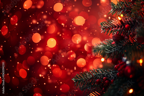 Festive red Christmas ornaments hanging amidst green fir branches, highlighted by glowing, soft-focus lights in the background.