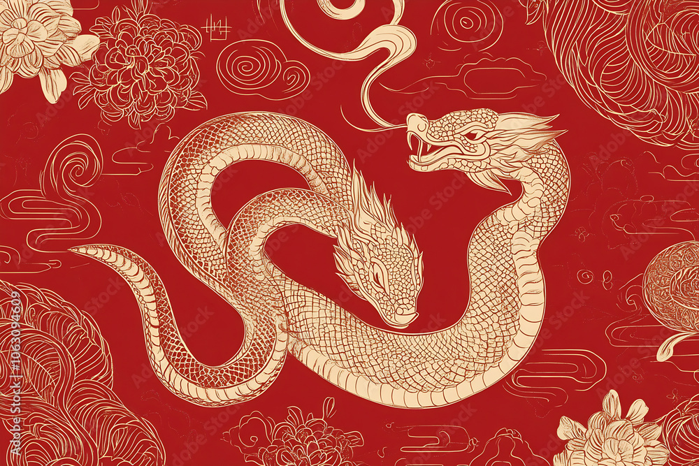 Fototapeta premium A stunning illustration of a two-headed dragon entwined in swirling clouds against a bold red background