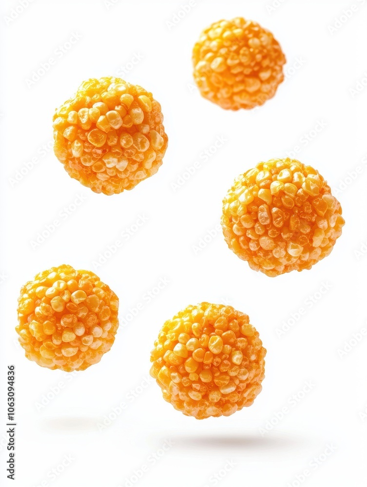 Fototapeta premium Close-up of crunchy caramel-coated popcorn balls isolated against a white background, capturing the texture and golden caramel glaze. Ideal for food themes, snack promotions, and gourmet treats.