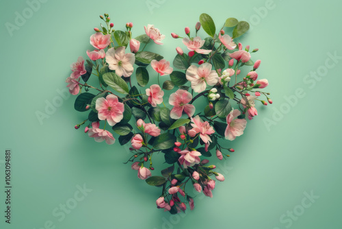 Heart-shaped arrangement of vibrant red and pink flowers with green leaves on a soft teal background.
