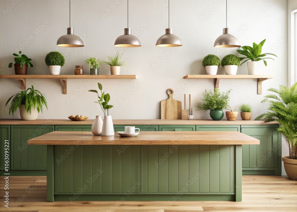 Minimal Cozy Counter Mockup Design for Product Presentation with Bright Wood Top, Green Counter, Warm White Wall, and Kitchenware in a Modern Kitchen Interior Minimal Cozy Counter Mockup Design for Product Presentation with Bright Wood Top, Green Counter, Warm White Wall, and Kitchenware in a Modern Kitchen Interior