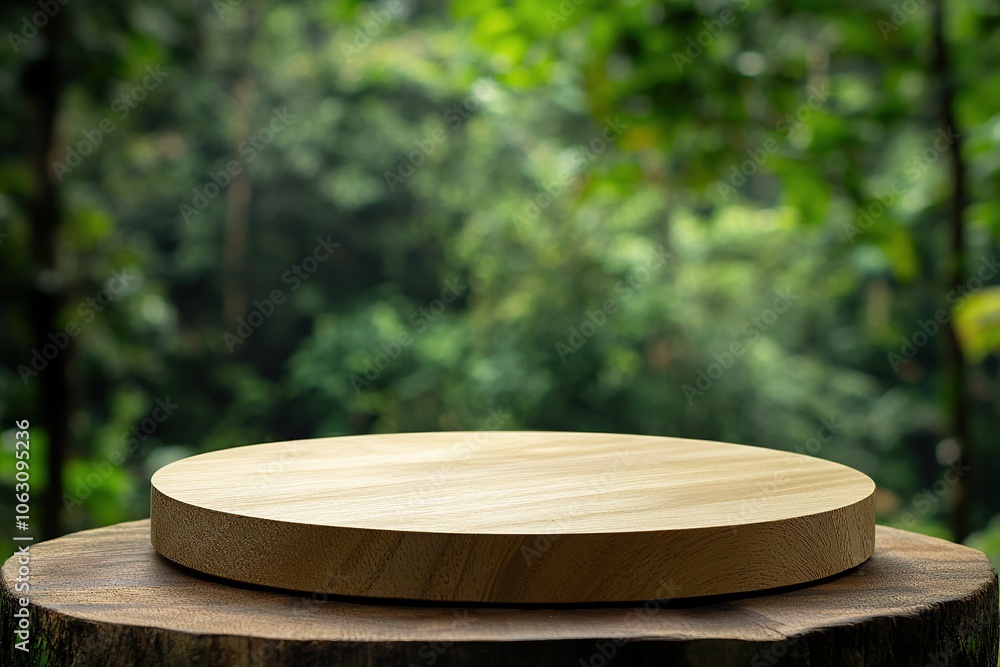 Empty wooden platform on a tree stump with a green forest background. Empty wooden platform on a tree stump with a green forest background.