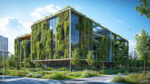 Sustainable Green Building Design with Rooftop Gardens and Solar Panels in Modern Cityscap