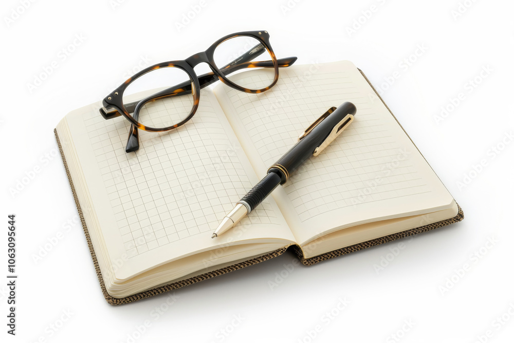 Open notebook with lined pages, black pen, and eyeglasses on a white background, perfect for writing and study themes. Open notebook with lined pages, black pen, and eyeglasses on a white background, perfect for writing and study themes.