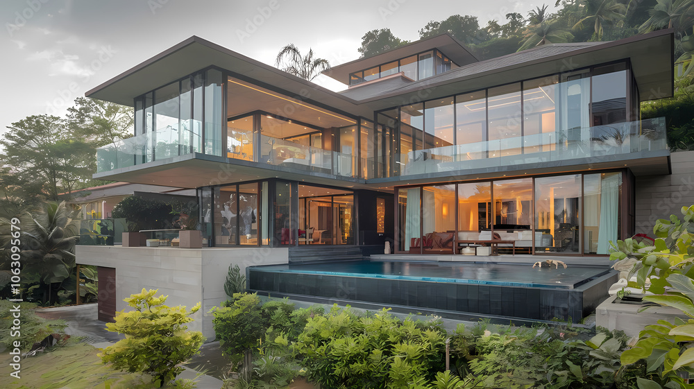 Fototapeta premium Modern luxury villa with expansive glass windows, featuring a sleek infinity pool and lush greenery, set against a serene hillside landscape. Ideal for upscale living and relaxation.