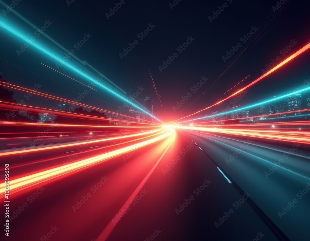 Abstract light-filled background illustrating rapid movement on a road, symbolizing speed, modern technology, and dynamic energy Abstract light-filled background illustrating rapid movement on a road, symbolizing speed, modern technology, and dynamic energy