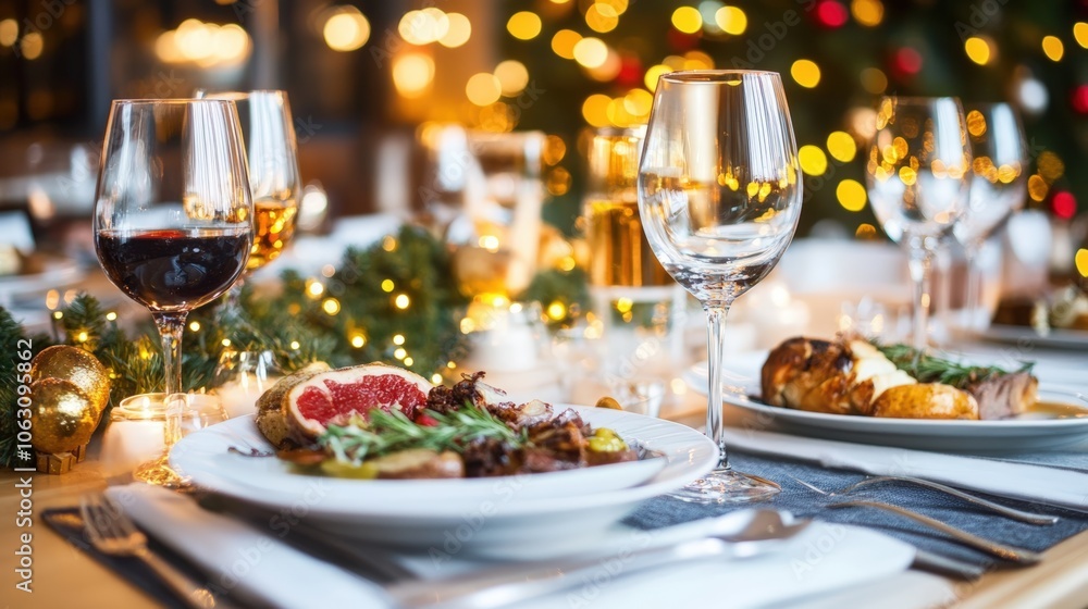 Elegant holiday dinner setting with gourmet dishes and festive decorations Elegant holiday dinner setting with gourmet dishes and festive decorations