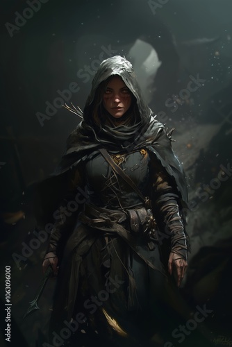 Mysterious figure in a dark cave wearing a hooded cloak, poised for action with a bow and quiver at twilight