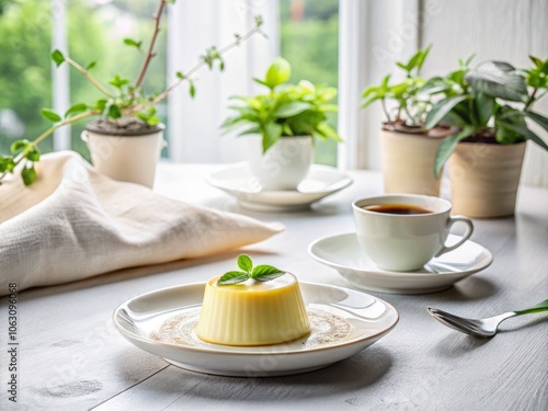 Minimalist Delight: Vanilla Panna Cotta with Creamy Coffee in a Serene Sunday Afternoon Setting, Perfect for Indulging and Relaxation