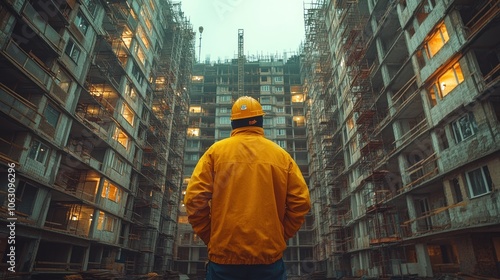 A construction worker in a yellow jacket stands in the middle of a large construction site, looking up at the unfinished buildings.