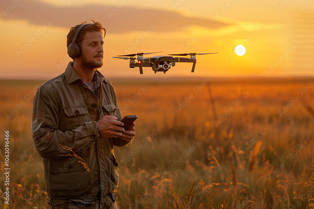 Fototapeta premium A man in the field controls a drone with his remote control at sunset, in the style of real photo.