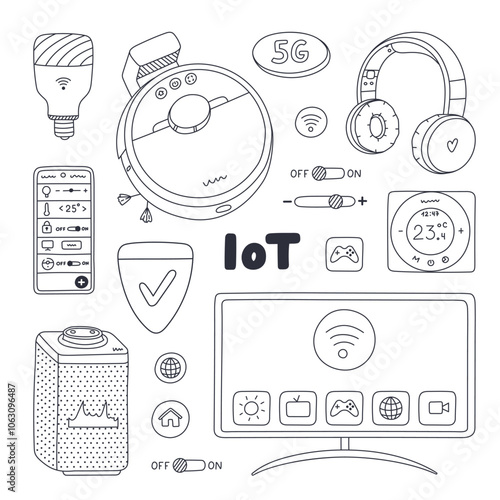 Cute doodle set of smart devices for entertainment, cleaning house, regulate temperature and light, secure home. Hand drawn intelligence machine with remote control via telephone. Internet of things