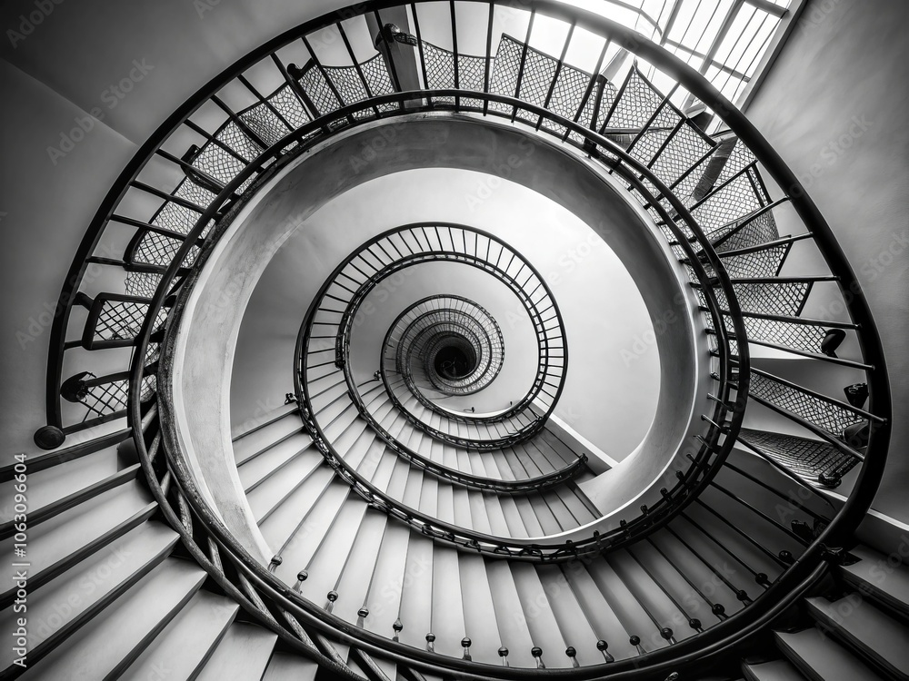 Fototapeta premium Minimalist Photography of an Iron Spiral Staircase in Jakarta Captured on May 31, 2014, Showcasing Elegant Design and Architectural Beauty in a Unique Perspective