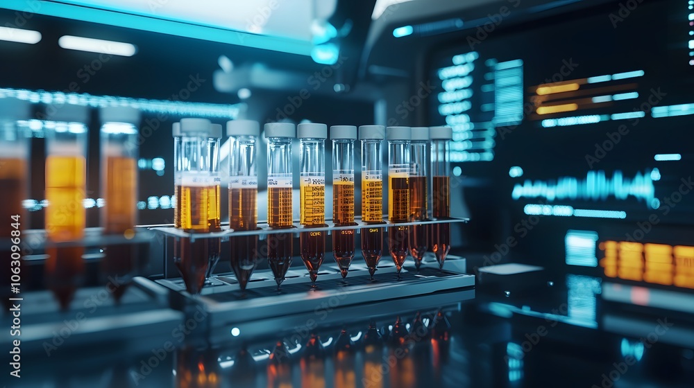 Glass Test Tubes Filled with Yellow Liquid on a Rack in a Laboratory Glass Test Tubes Filled with Yellow Liquid on a Rack in a Laboratory