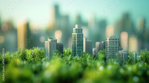 A miniature city skyline emerging from vibrant green foliage, representing urban growth and sustainability.