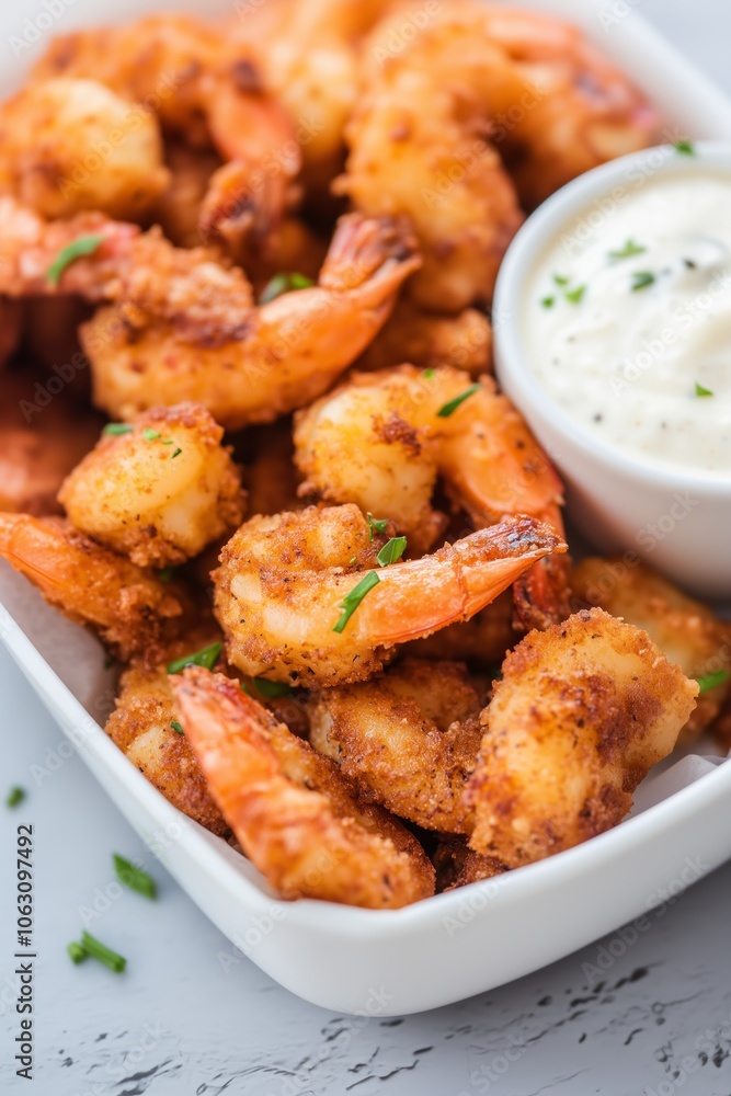 Crispy golden fried shrimp served with a savory dipping sauce perfect for appetizers at a coastal restaurant Crispy golden fried shrimp served with a savory dipping sauce perfect for appetizers at a coastal restaurant