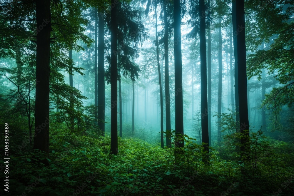 A misty, enchanting forest with towering trees and vibrant green foliage, evokes a sense of tranquility and wonder, offering a peaceful retreat into nature's depths. A misty, enchanting forest with towering trees and vibrant green foliage, evokes a sense of tranquility and wonder, offering a peaceful retreat into nature's depths.