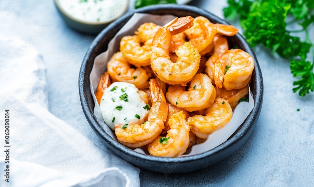 Deliciously cooked shrimp served with a creamy dipping sauce garnished with herbs on a light backdrop Deliciously cooked shrimp served with a creamy dipping sauce garnished with herbs on a light backdrop
