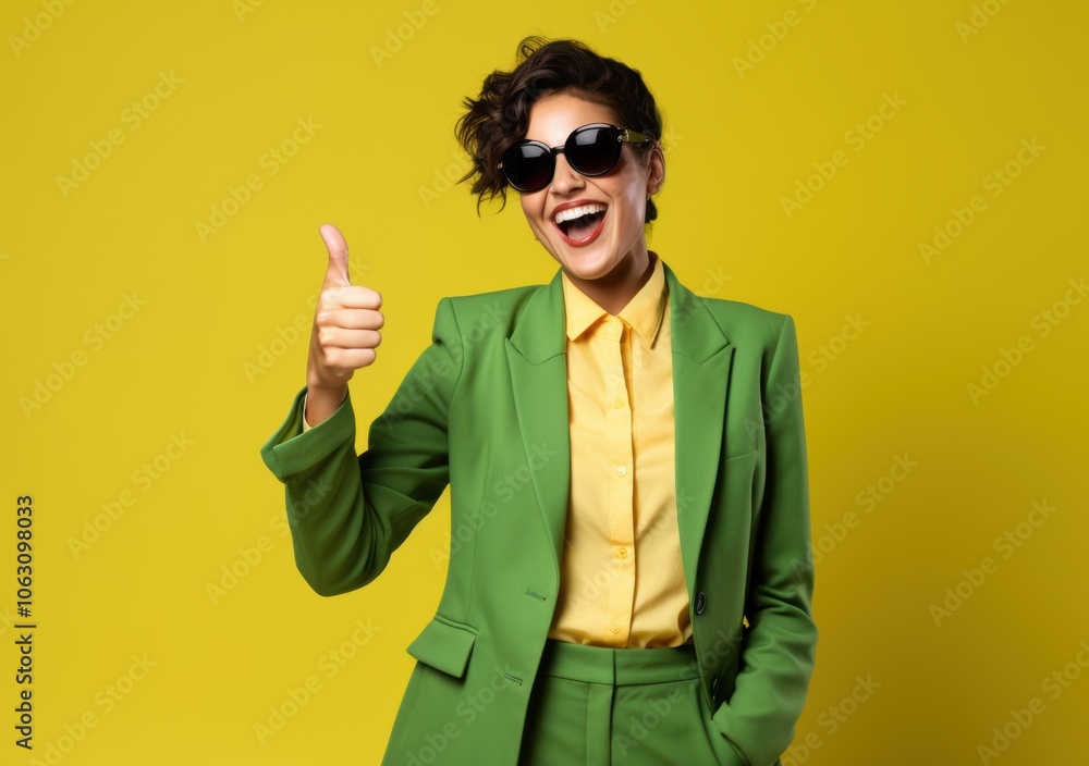 A cheerful woman in a vibrant green blazer and matching sunglasses stands before a bold yellow background, flashing two thumbs up with a joyful expression. A cheerful woman in a vibrant green blazer and matching sunglasses stands before a bold yellow background, flashing two thumbs up with a joyful expression.