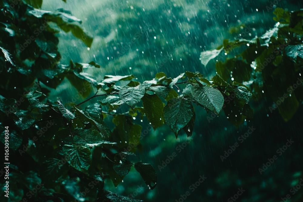 Fototapeta premium A vibrant close-up of leaves glistening with raindrops, capturing the serene essence of lush green nature on a rainy day, evoking tranquility and freshness.