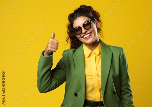 A cheerful woman in a vibrant green blazer and matching sunglasses stands before a bold yellow background, flashing two thumbs up with a joyful expression. photo