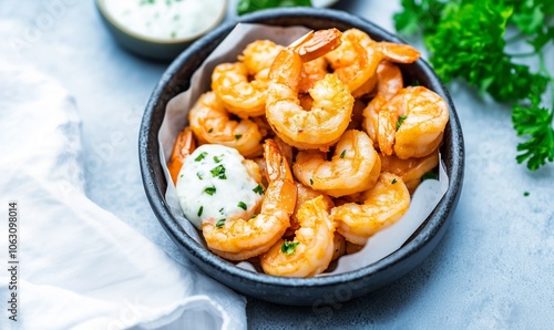 Deliciously cooked shrimp served with a creamy dipping sauce garnished with herbs on a light backdrop