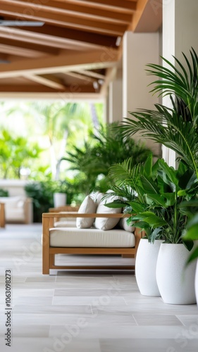 Stunning luxury resort lobby adorned with lush tropical plants, creating a serene and inviting atmosphere.