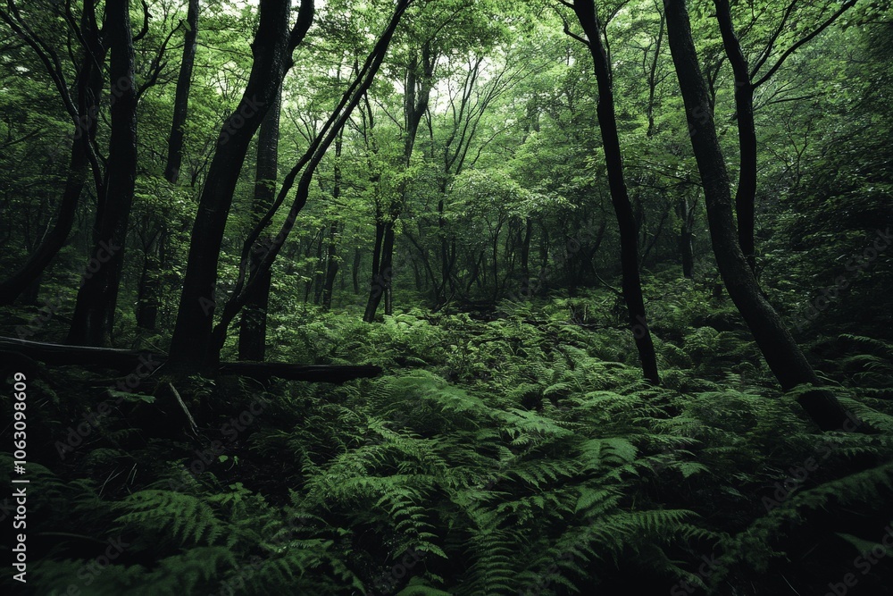Fototapeta premium This image captures a lush forest teeming with vibrant greenery and abundant ferns, exuding a sense of peace and the untouched beauty of the wild.