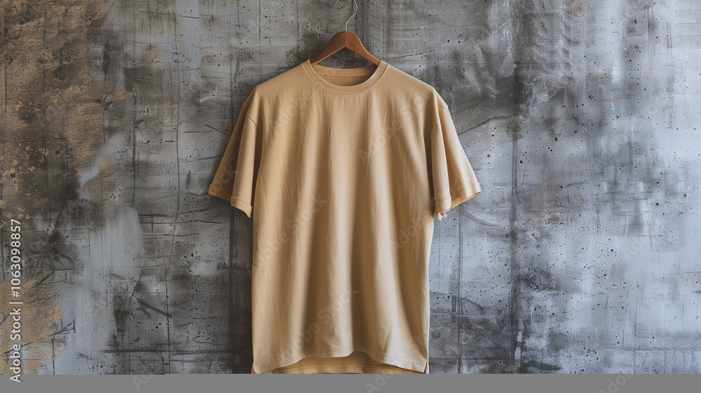 Beige T-shirt mockup on a simple hanger, photographed against a textured concrete wall for a minimalist aesthetic. Beige T-shirt mockup on a simple hanger, photographed against a textured concrete wall for a minimalist aesthetic.