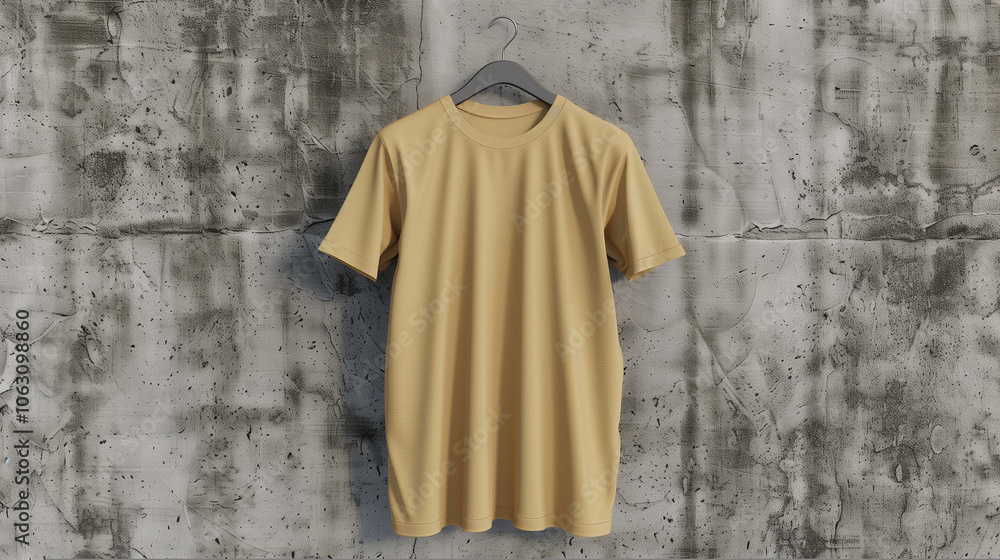 Naklejka premium Beige T-shirt mockup on a simple hanger, photographed against a textured concrete wall for a minimalist aesthetic.