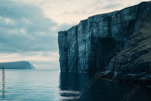 Tall cliffs by the sea, silhouetted against a moody sky, create an awe-inspiring sight as clouds gather, reflecting in the smooth ocean surface. photo