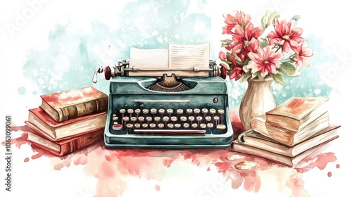 A vintage typewriter surrounded by colorful books and vibrant flowers, evoking a nostalgic and creative atmosphere. photo