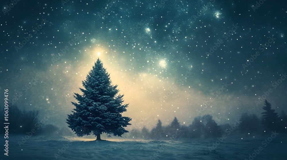 A Lone Evergreen Tree in a Snowy Forest Under a Starry Night Sky A Lone Evergreen Tree in a Snowy Forest Under a Starry Night Sky