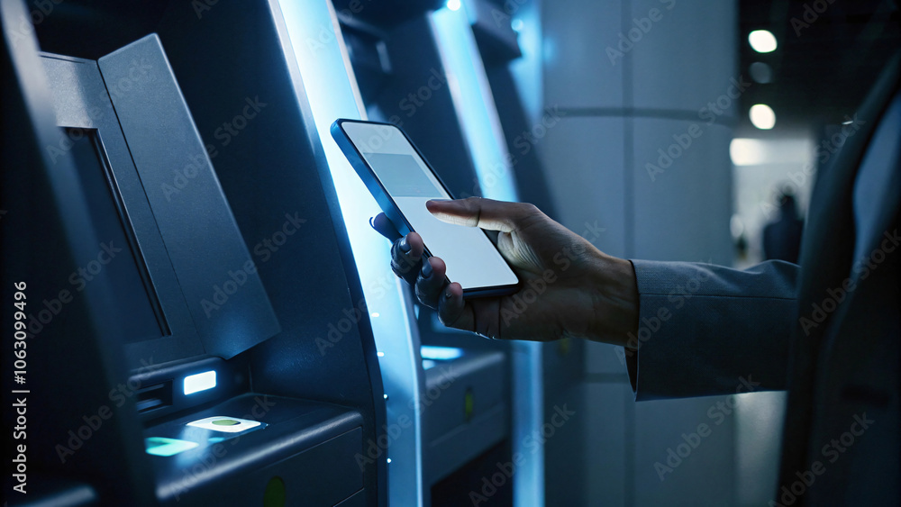 Fototapeta premium person using smartphone at ATM, showcasing modern banking technology and convenience. scene is illuminated with blue light, creating sleek atmosphere