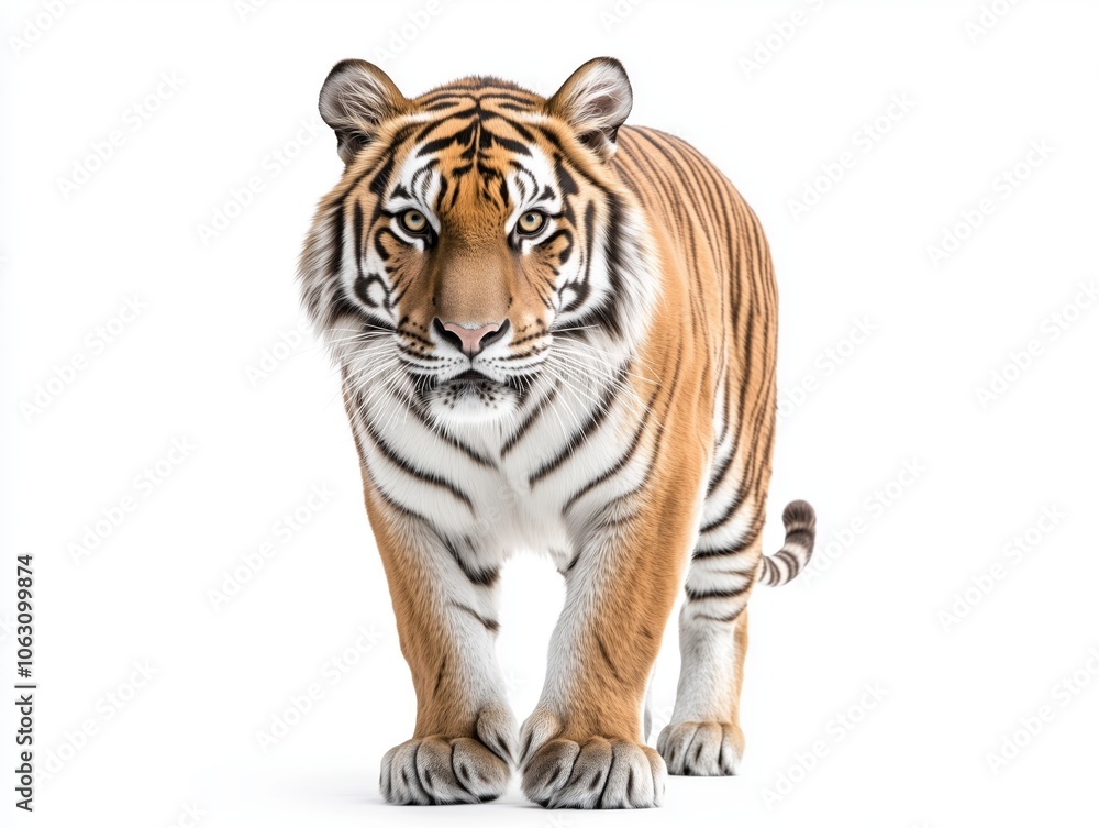 Obraz premium This striking image captures the full body of a tiger standing tall, staring straight ahead. Isolated on a white background, the tiger's majestic and powerful presence dominates the frame.