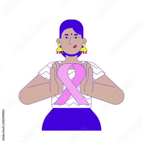 Hindu woman holding pink ribbon awareness 2D cartoon character. Breast cancer survivor female indian adult with bindi isolated person flat vector on white background. Spot illustration colorful