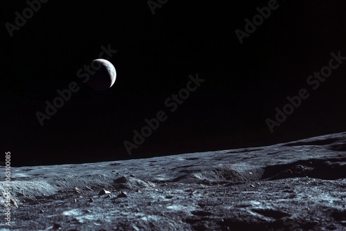 An otherworldly shot capturing a surreal crescent moon suspended high against a textured, dusty foreground, invoking curiosity and silent contemplation of the unknown. photo