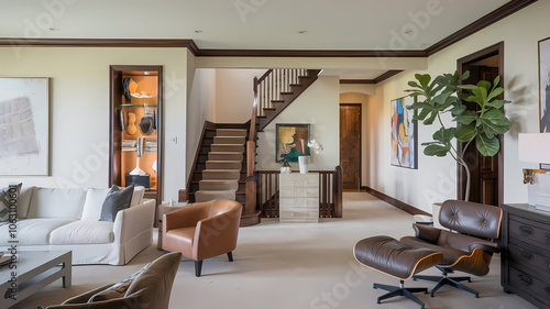 Modern living room with elegant decor  showcasing a cozy sofa  stylish chairs  and a staircase leading to an upper level. Art pieces and greenery add a sophisticated touch to the space.