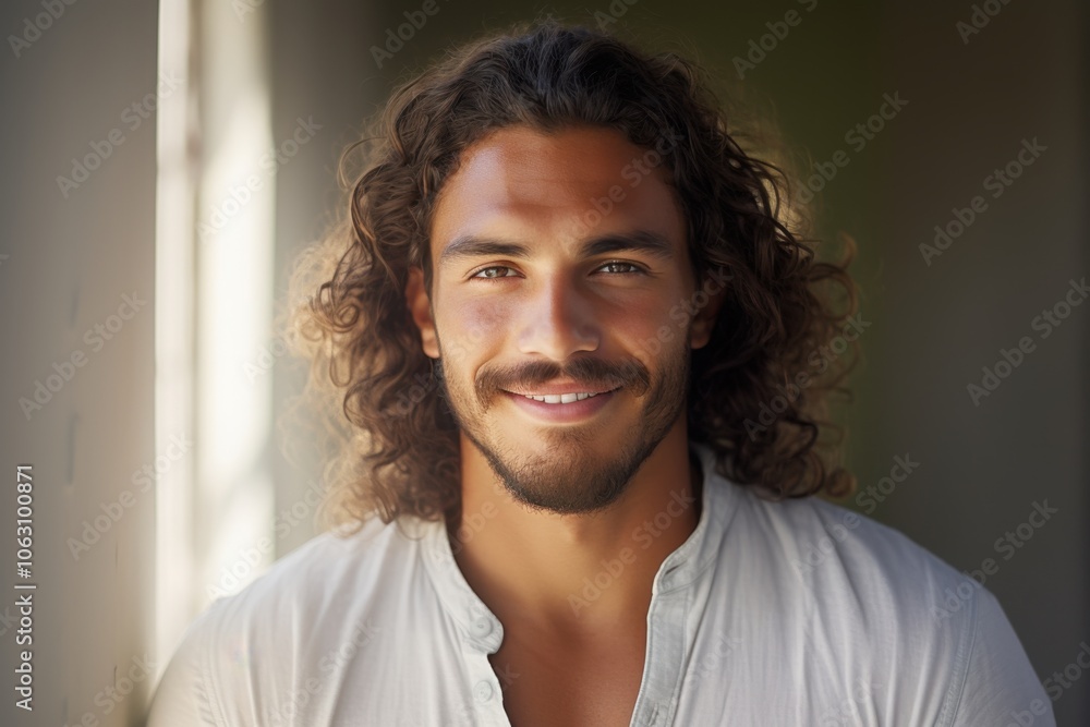 A man with long hair and a beard is smiling and looking at the camera A man with long hair and a beard is smiling and looking at the camera