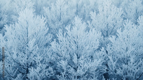 Majestic snow-covered trees adorned with glistening frost in a serene winter landscape.