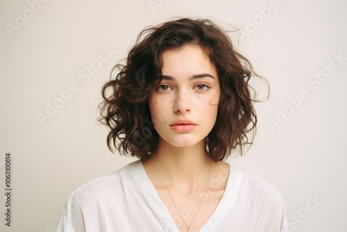 A woman with short hair and a white shirt