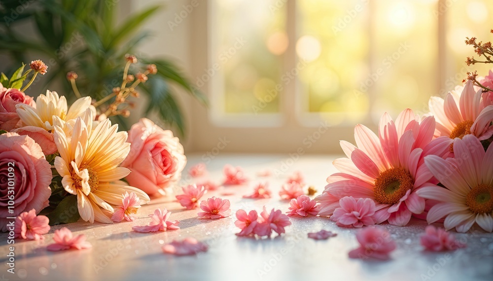 A bright and colorful bouquet of various fresh flowers in warm sunlight A bright and colorful bouquet of various fresh flowers in warm sunlight