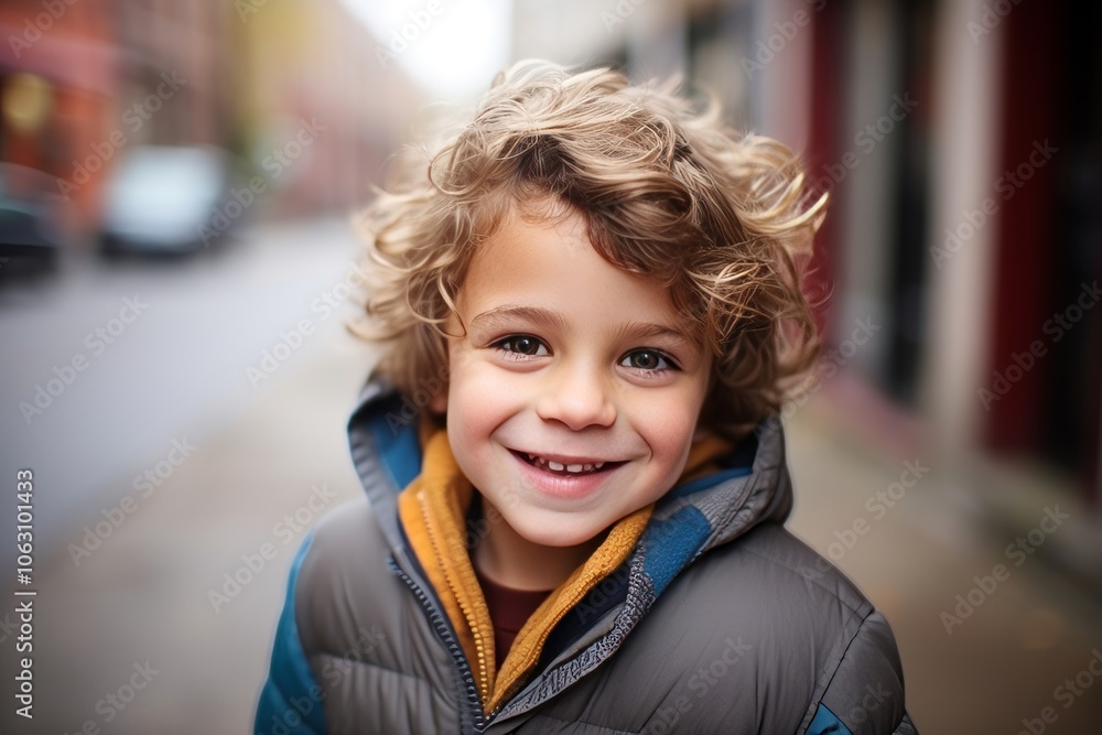 Portrait of a smiling little boy with curly hair, outdoor shot Portrait of a smiling little boy with curly hair, outdoor shot
