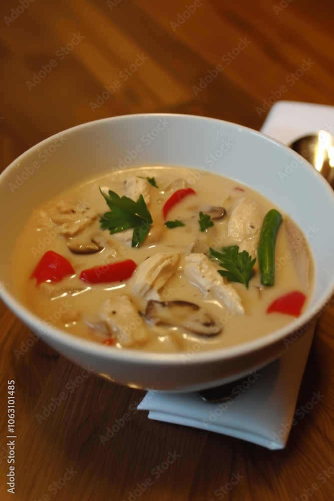 Warm and comforting chicken soup with vegetables served in a bowl, perfect for a cozy evening meal at home Warm and comforting chicken soup with vegetables served in a bowl, perfect for a cozy evening meal at home