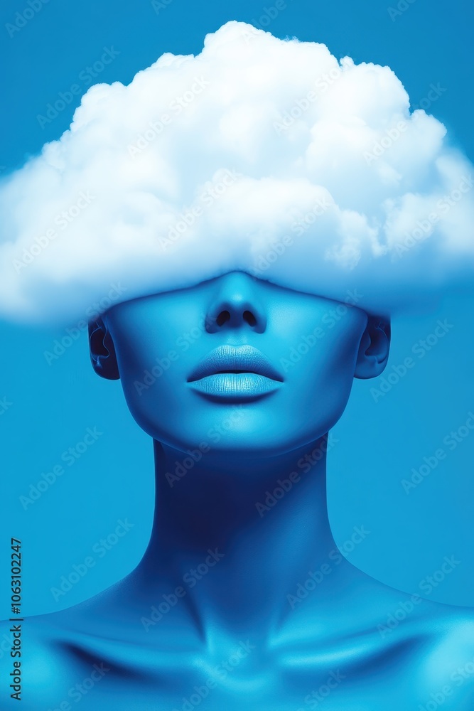 Face with Cloud as Head on Blue Tone Face with Cloud as Head on Blue Tone