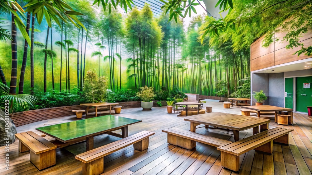 Fototapeta premium Peaceful Courtyard at Bedok Reservoir, Singapore: Serene Bamboo Mural and Wooden Tables Surrounded by Lush Greenery in a School Setting