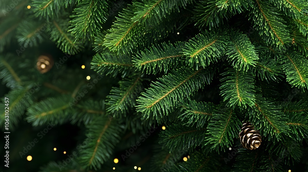 Close-up of Evergreen Tree Branches with Pine Cones and Blurry Lights Close-up of Evergreen Tree Branches with Pine Cones and Blurry Lights